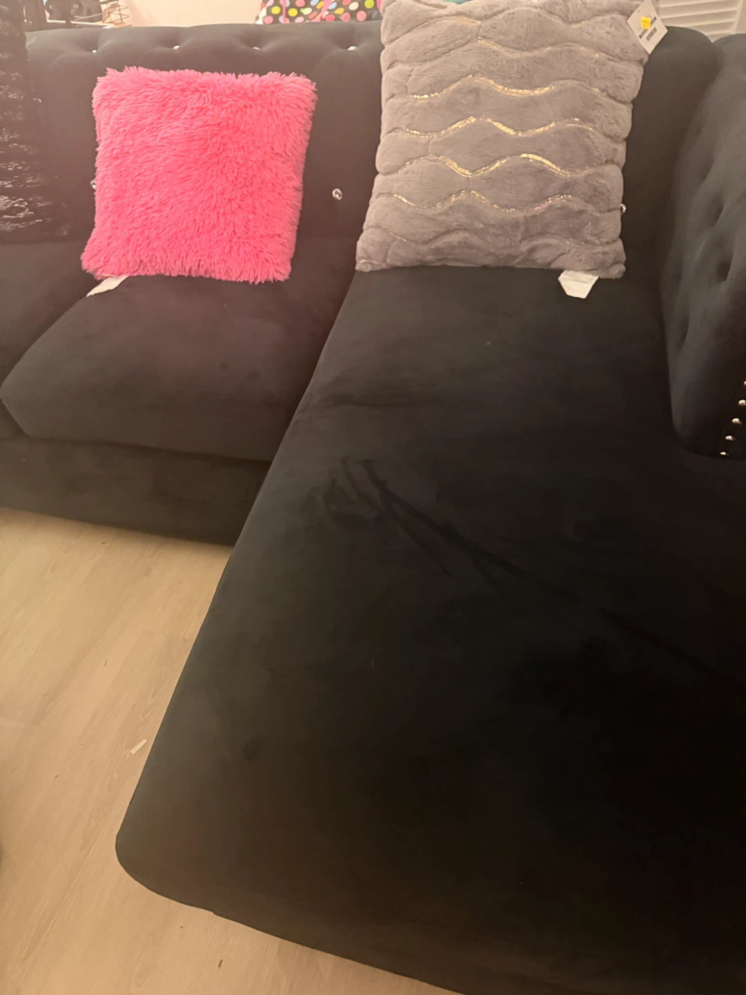 Black Velvet Sectional Sofa with Tufted Accents - photo 3