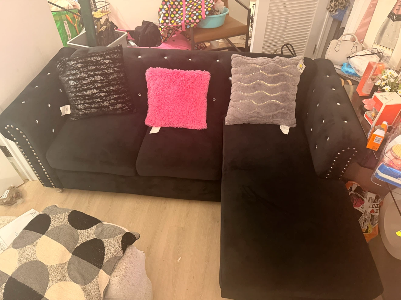 Black Velvet Sectional Sofa with Tufted Accents