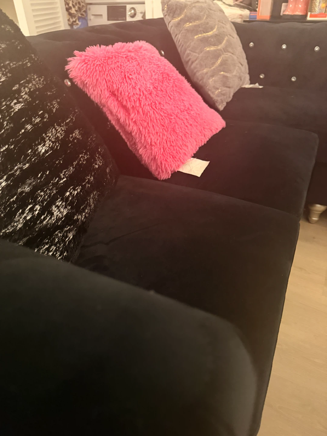 Black Velvet Sectional Sofa with Tufted Accents - photo 5