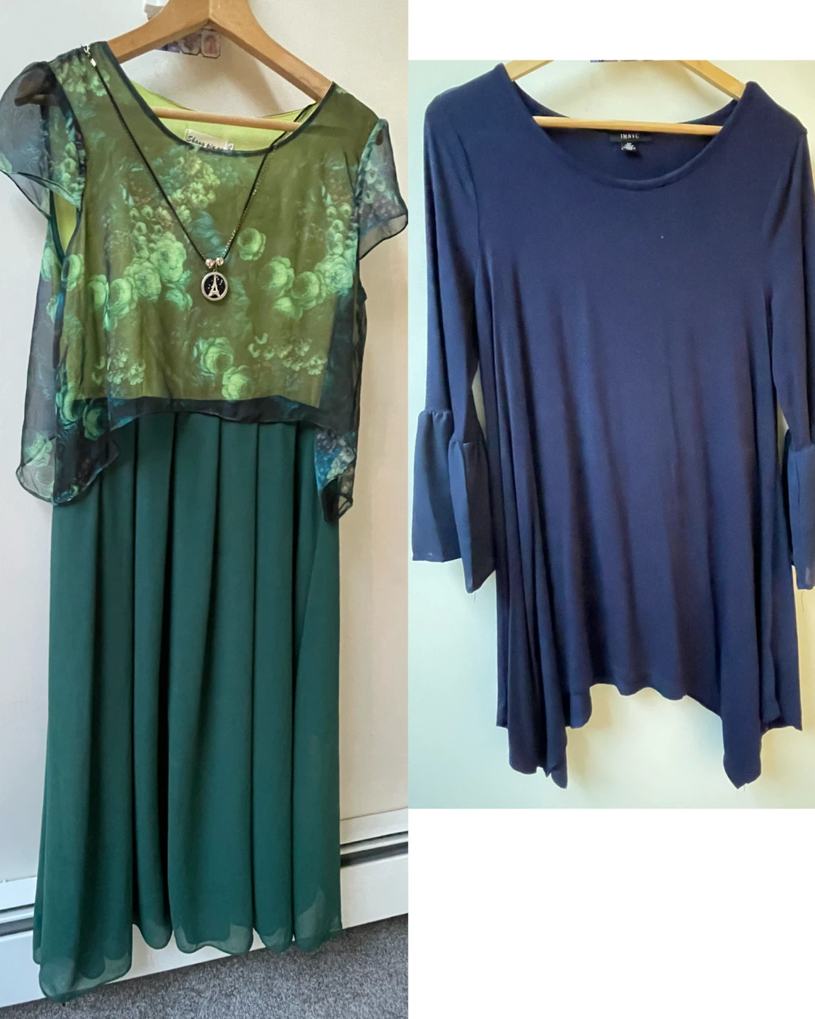 Green Floral Print Chiffon Dress with Necklace