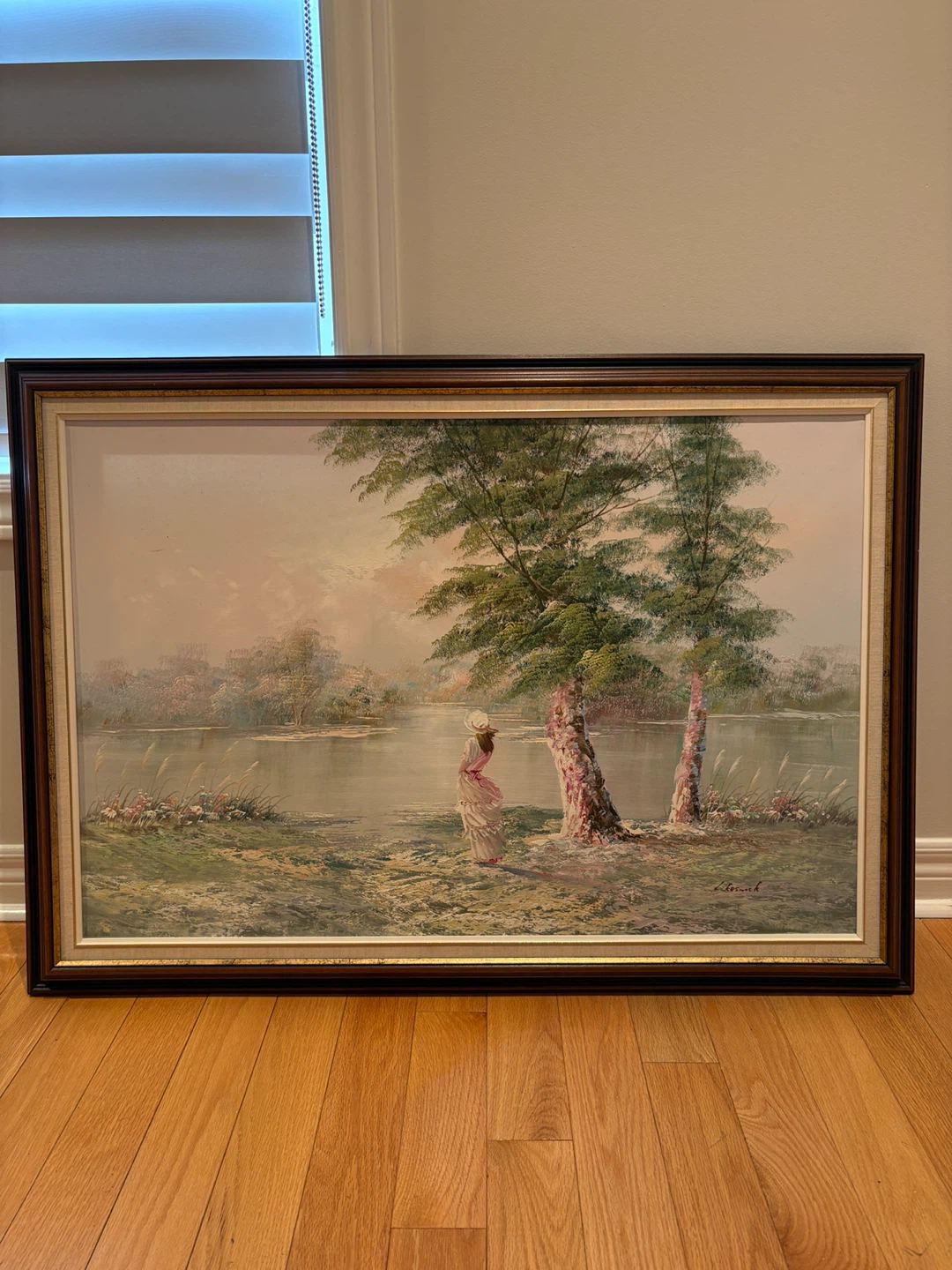 Vintage Landscape Painting with Woman by Lake