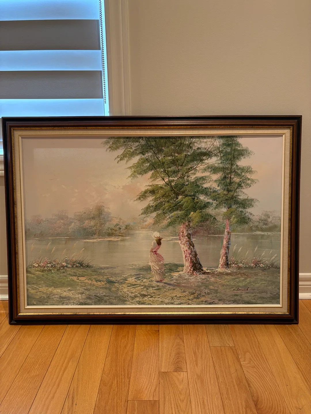 Vintage Landscape Painting with Woman by Lake