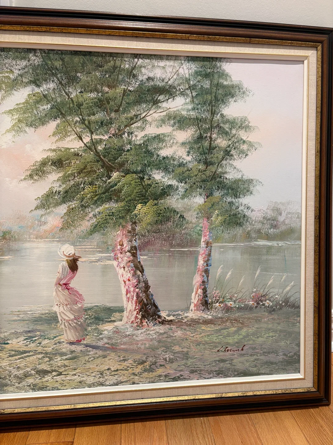 Vintage Landscape Painting with Woman by Lake - photo 3
