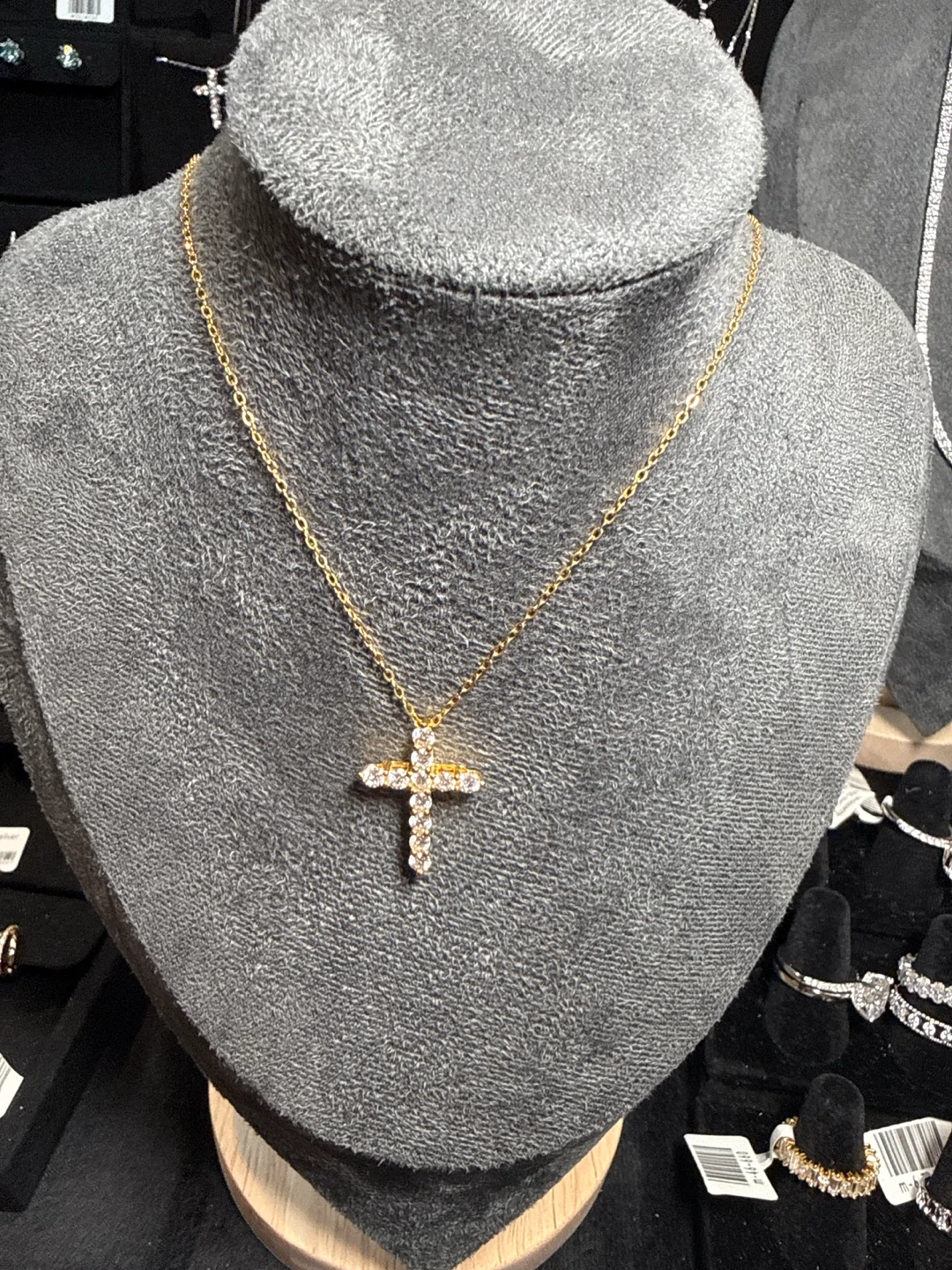 Gold Tone Cross Pendant Necklace with Rhinestones