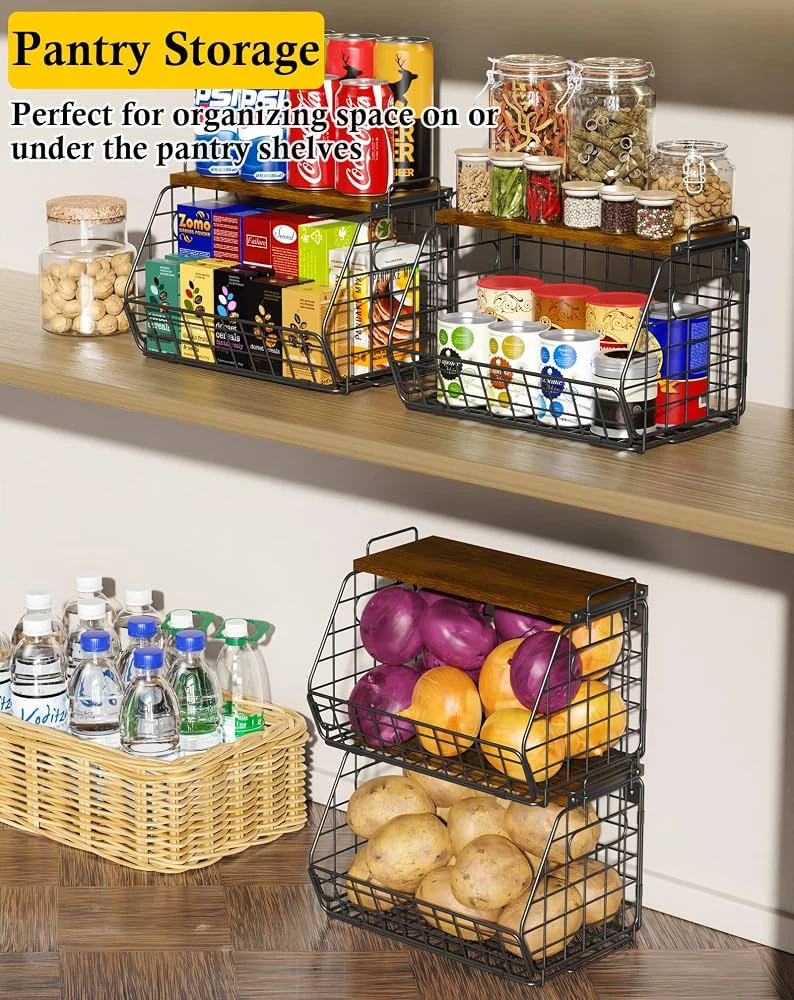 GRACENAL 2-Tier Stackable Wire Baskets with Wood Tops - photo 5