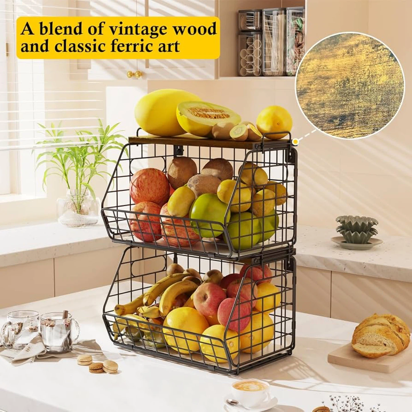 GRACENAL 2-Tier Stackable Wire Baskets with Wood Tops
