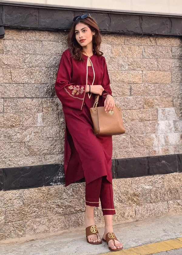 Maroon Embroidered Kurti with Pants Set (2Pc) - photo 3