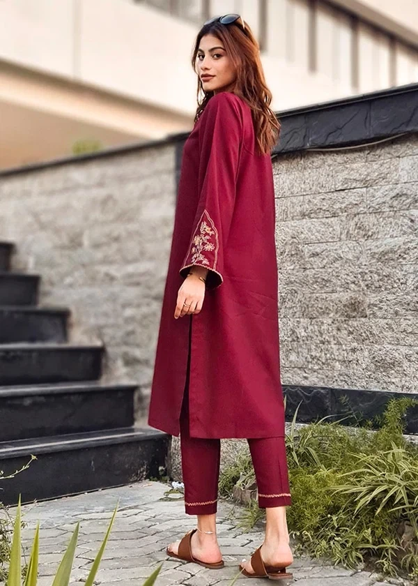 Maroon Embroidered Kurti with Pants Set (2Pc) - photo 4