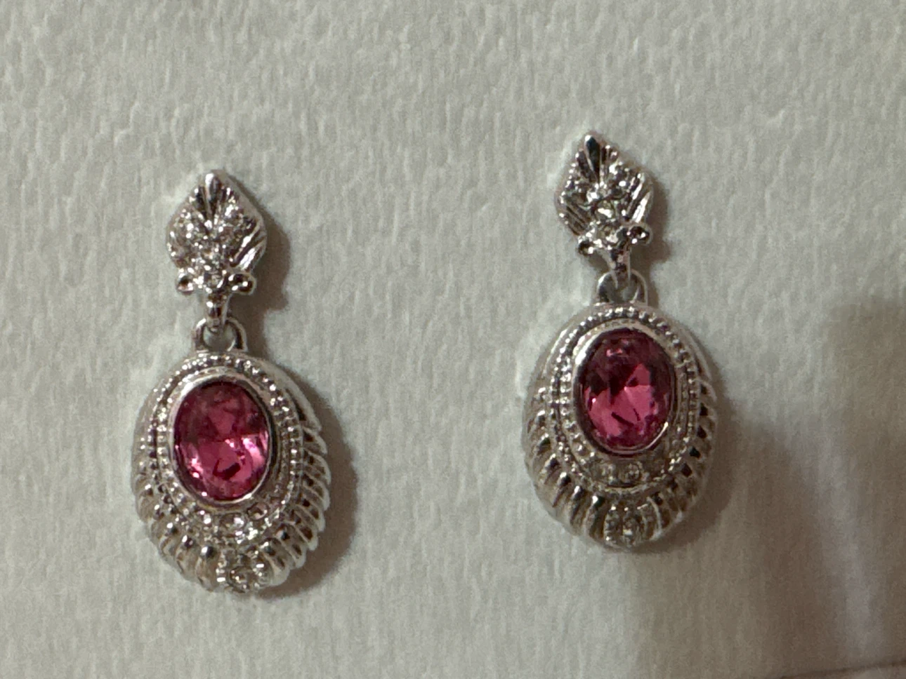 Silver Tone Oval Pink Gemstone Drop Earrings