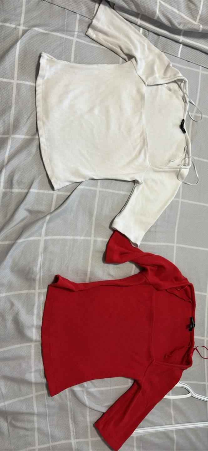 White and Red Ribbed Long Sleeve Tops (2-Pack)