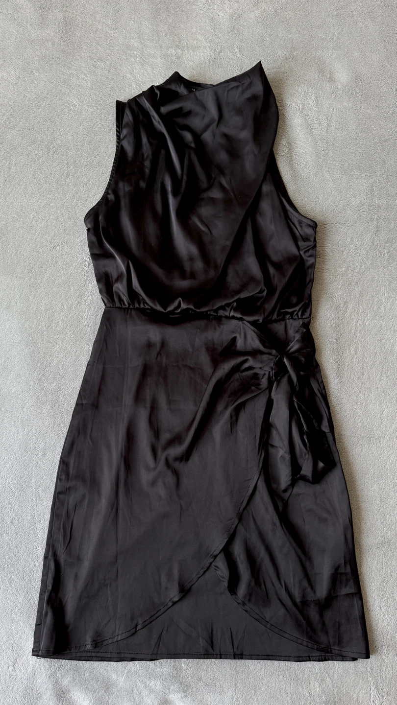 Size S Black Satin Mock Neck Wrap Dress - photo 3