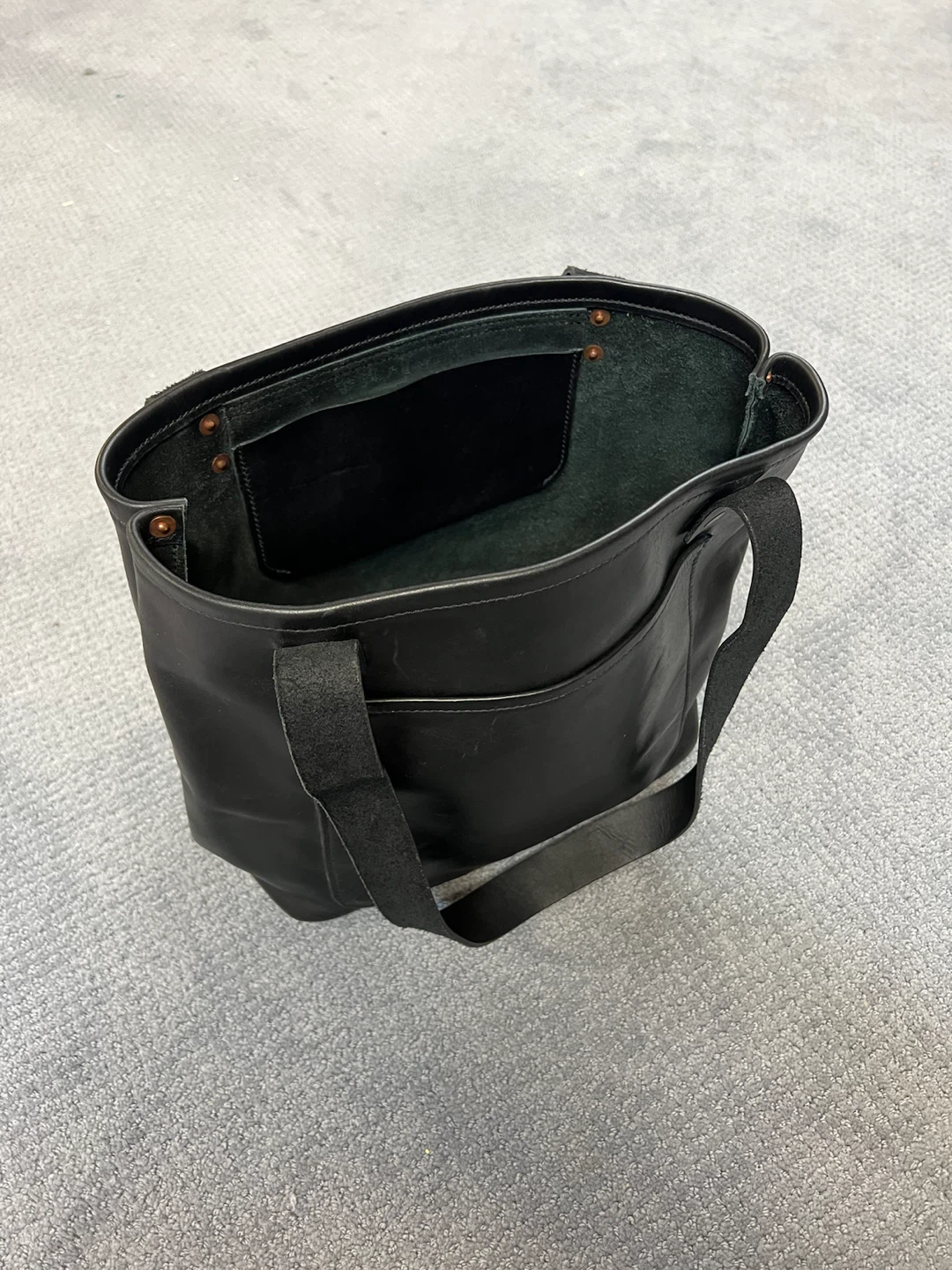 Black Leather Tote Bag with Front Pocket