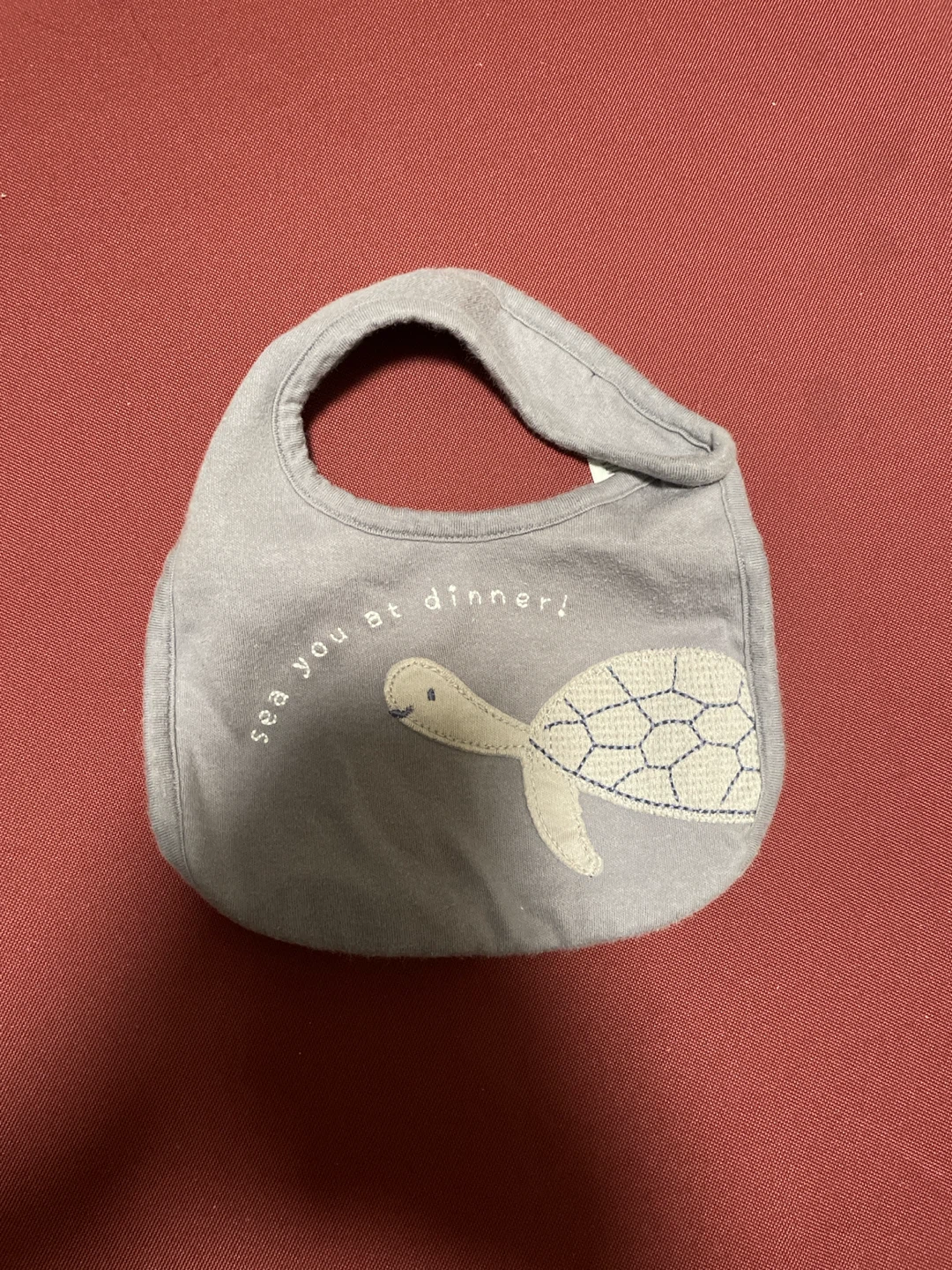 Gray Baby Bib with Turtle and "sea you at dinner!"