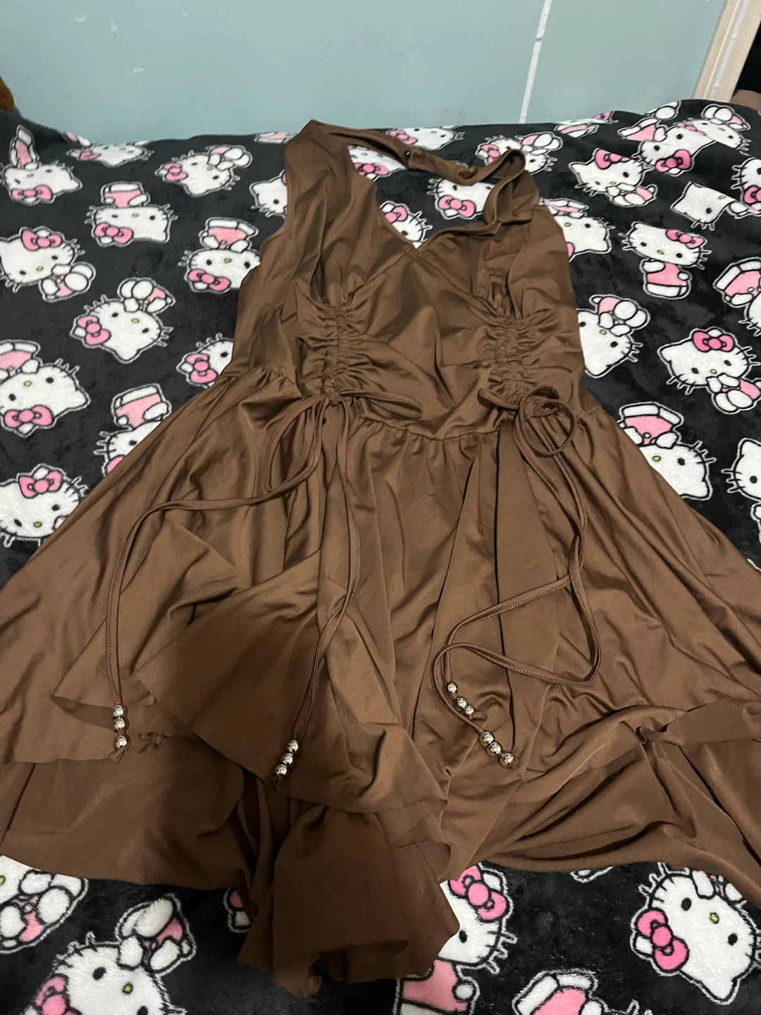 Brown Ruched Halter Dress with Beaded Details