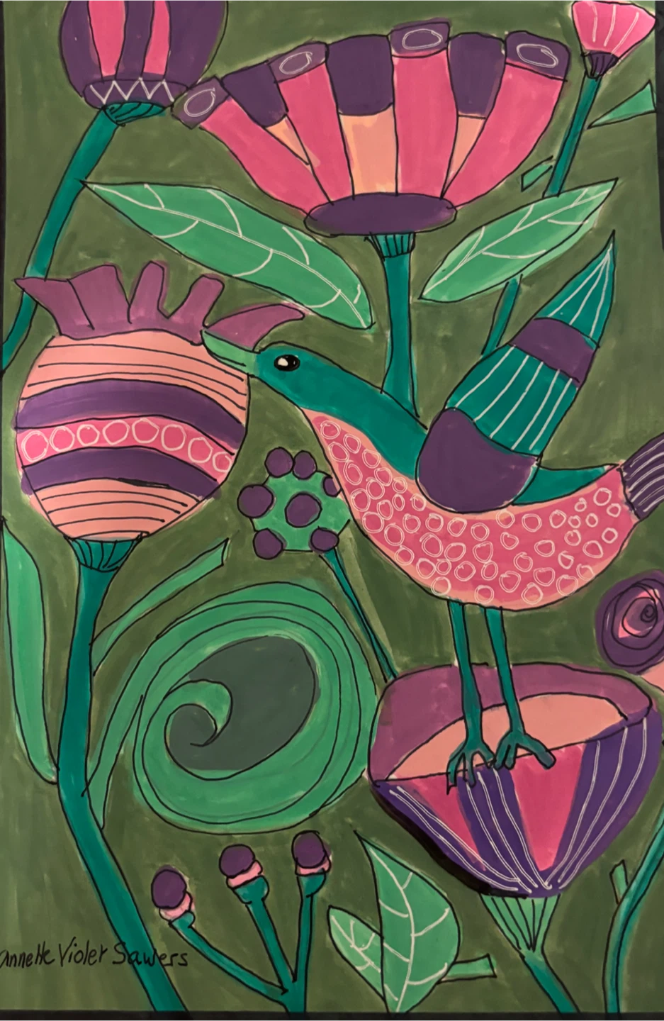 Original Abstract Bird & Flowers