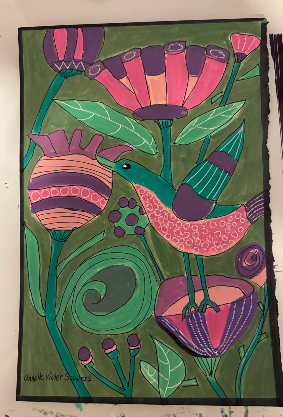 Original Abstract Bird & Flowers - photo 2