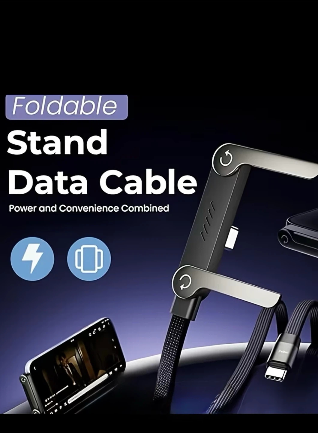 65W Foldable Phone Stand Data Cable - Black