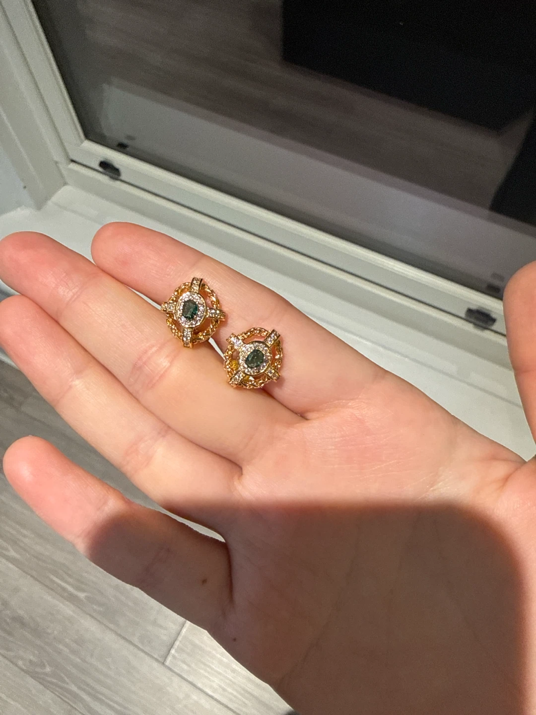New Gold-tone Stud Earrings with Green Gemstones