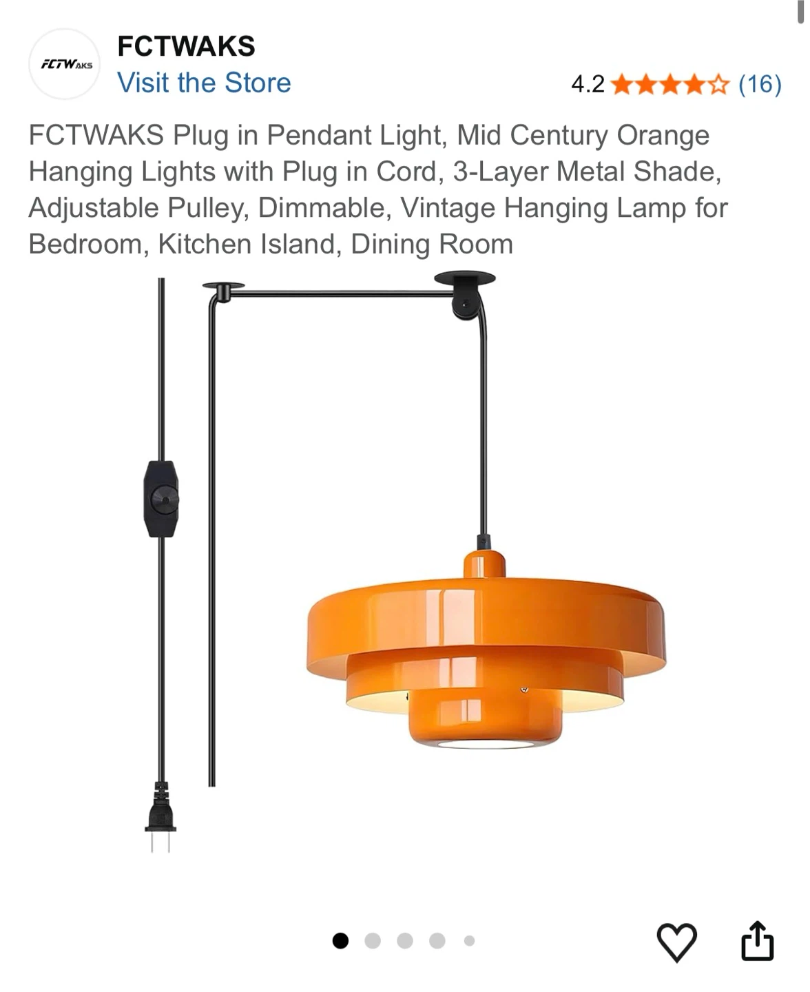 FCTWAKS Orange 3-Layer Metal Pendant Light with Plug