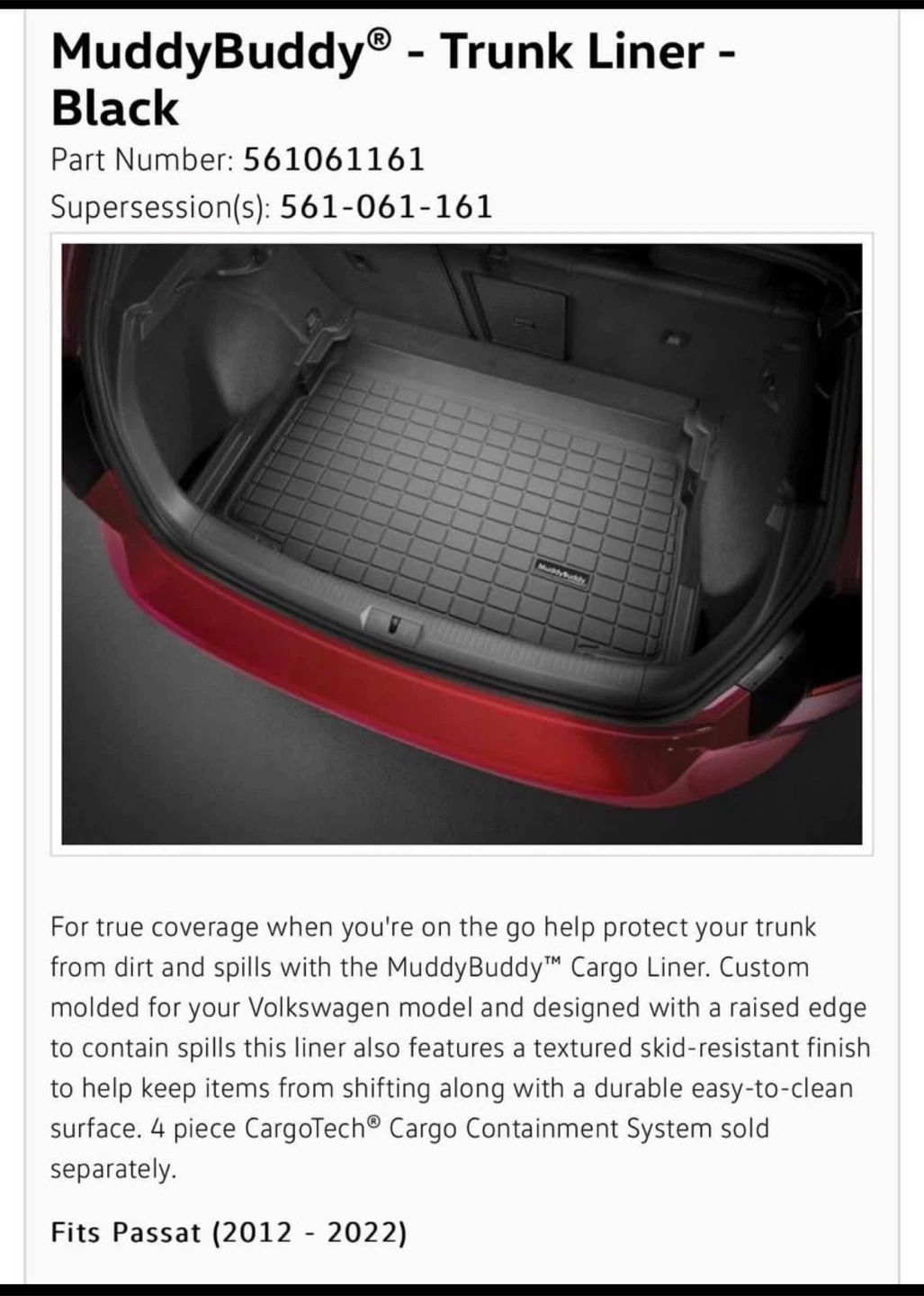 MuddyBuddy Boot Liner - Black - Fits VW Passat (2012-2022)