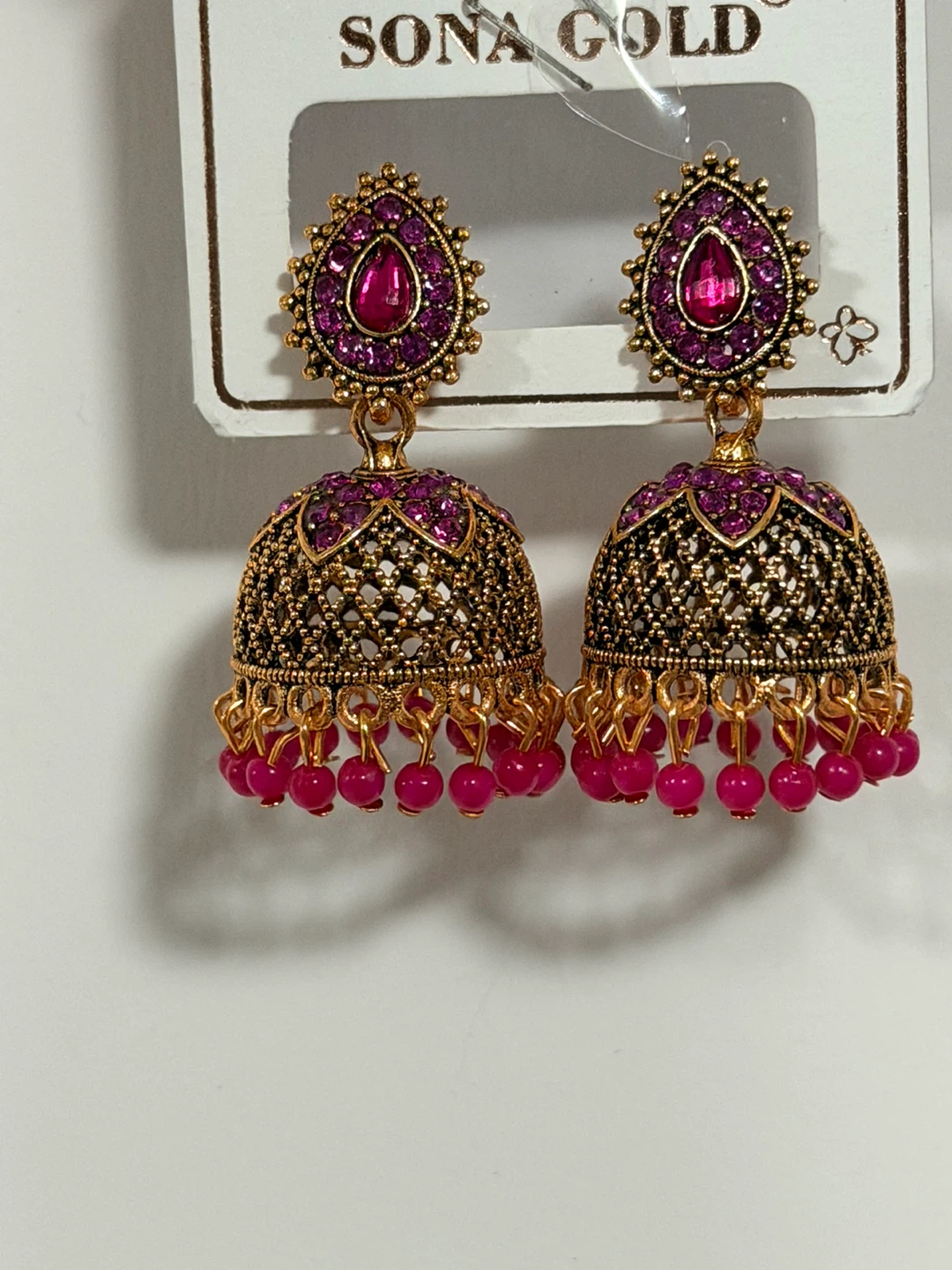 Sona Gold Jhumka Earrings - Pink Stones - photo 2