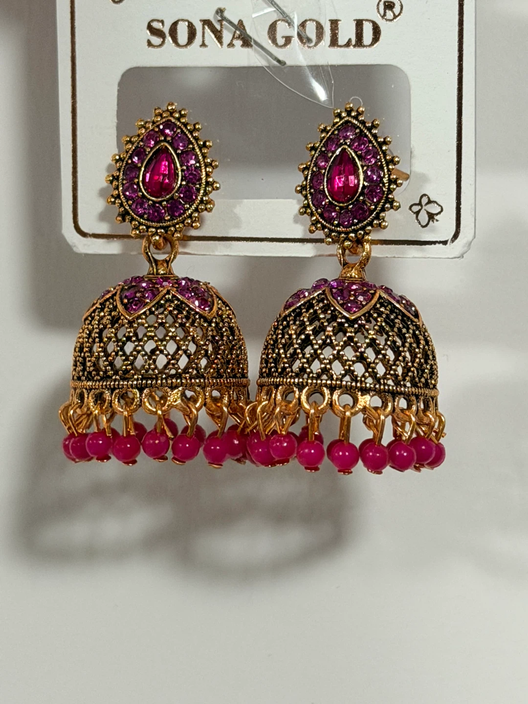 Sona Gold Jhumka Earrings - Pink Stones - photo 4