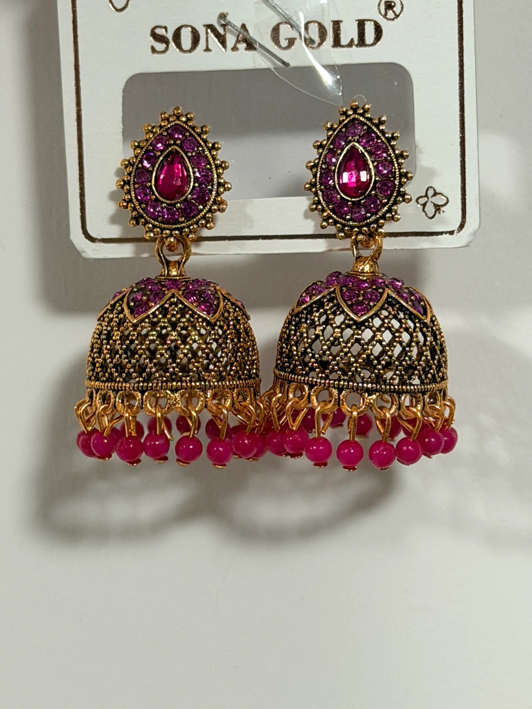 Sona Gold Jhumka Earrings - Pink Stones