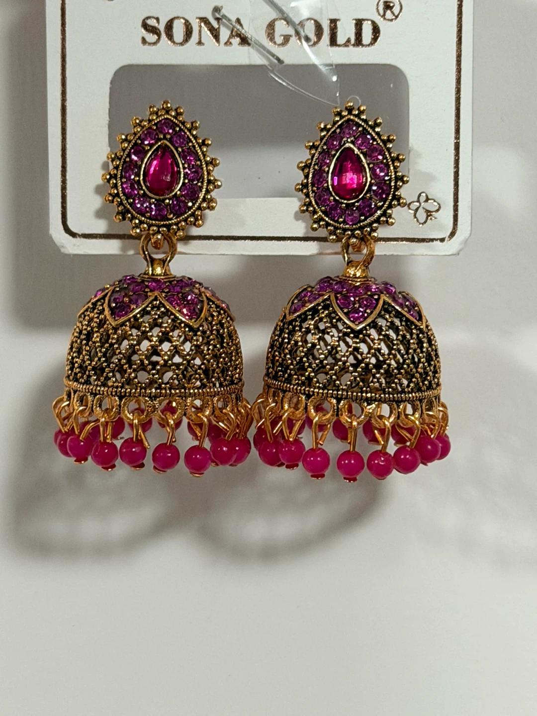 Sona Gold Jhumka Earrings - Pink Stones - photo 3