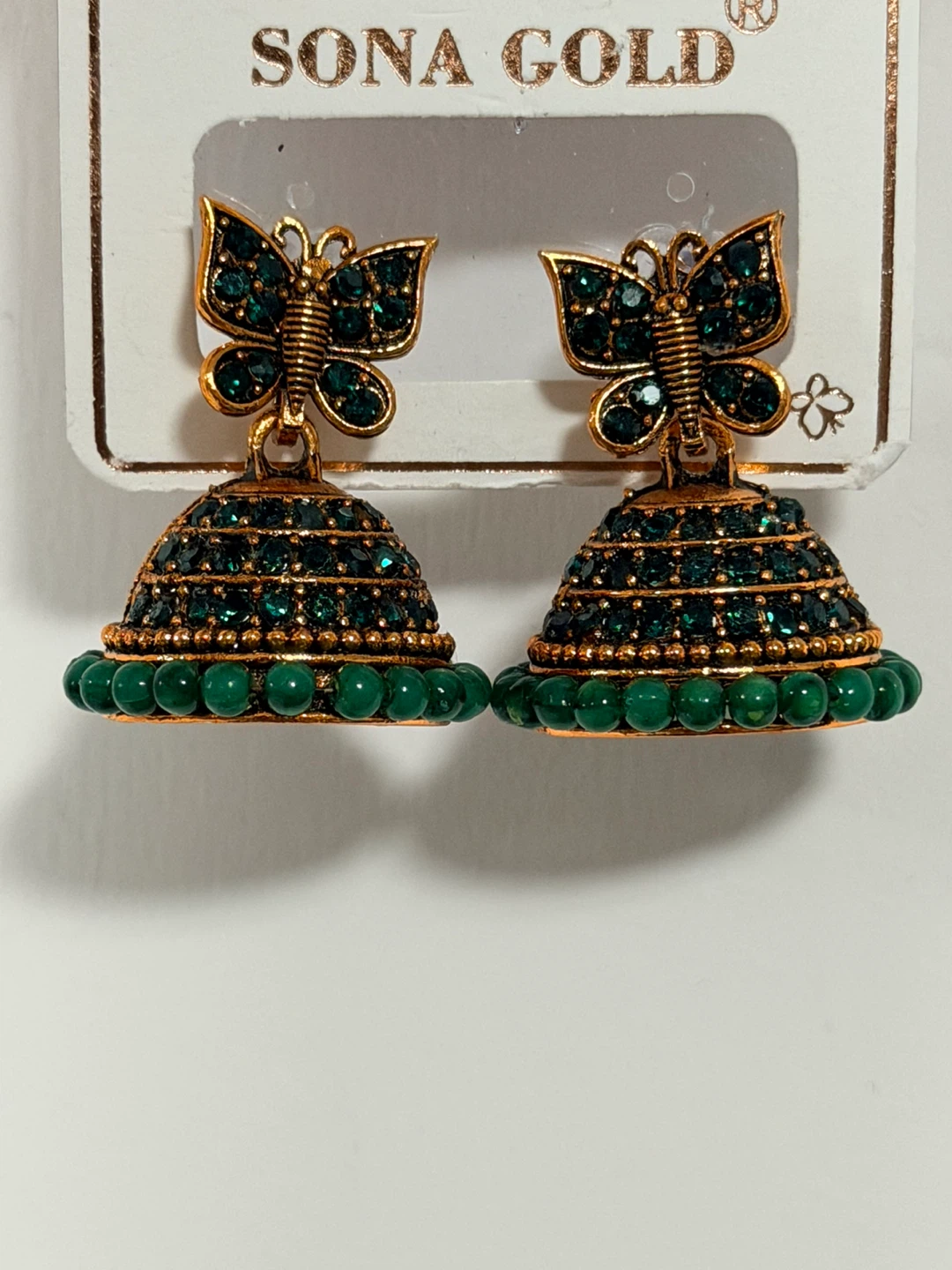 Sona Gold Butterfly Jhumka Earrings Green - photo 3