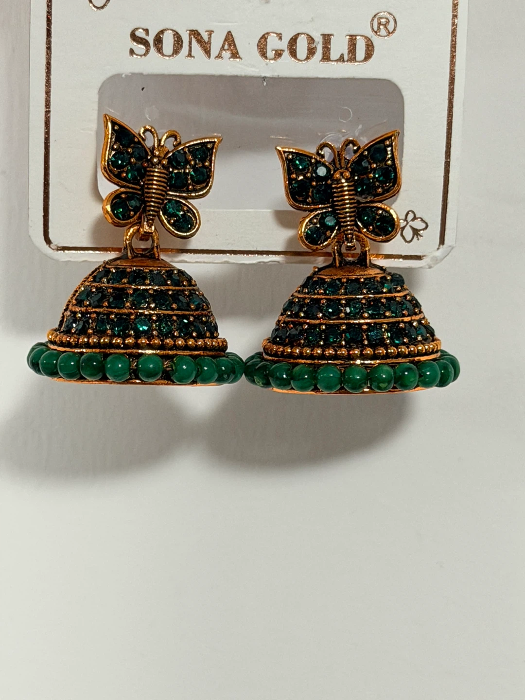 Sona Gold Butterfly Jhumka Earrings Green