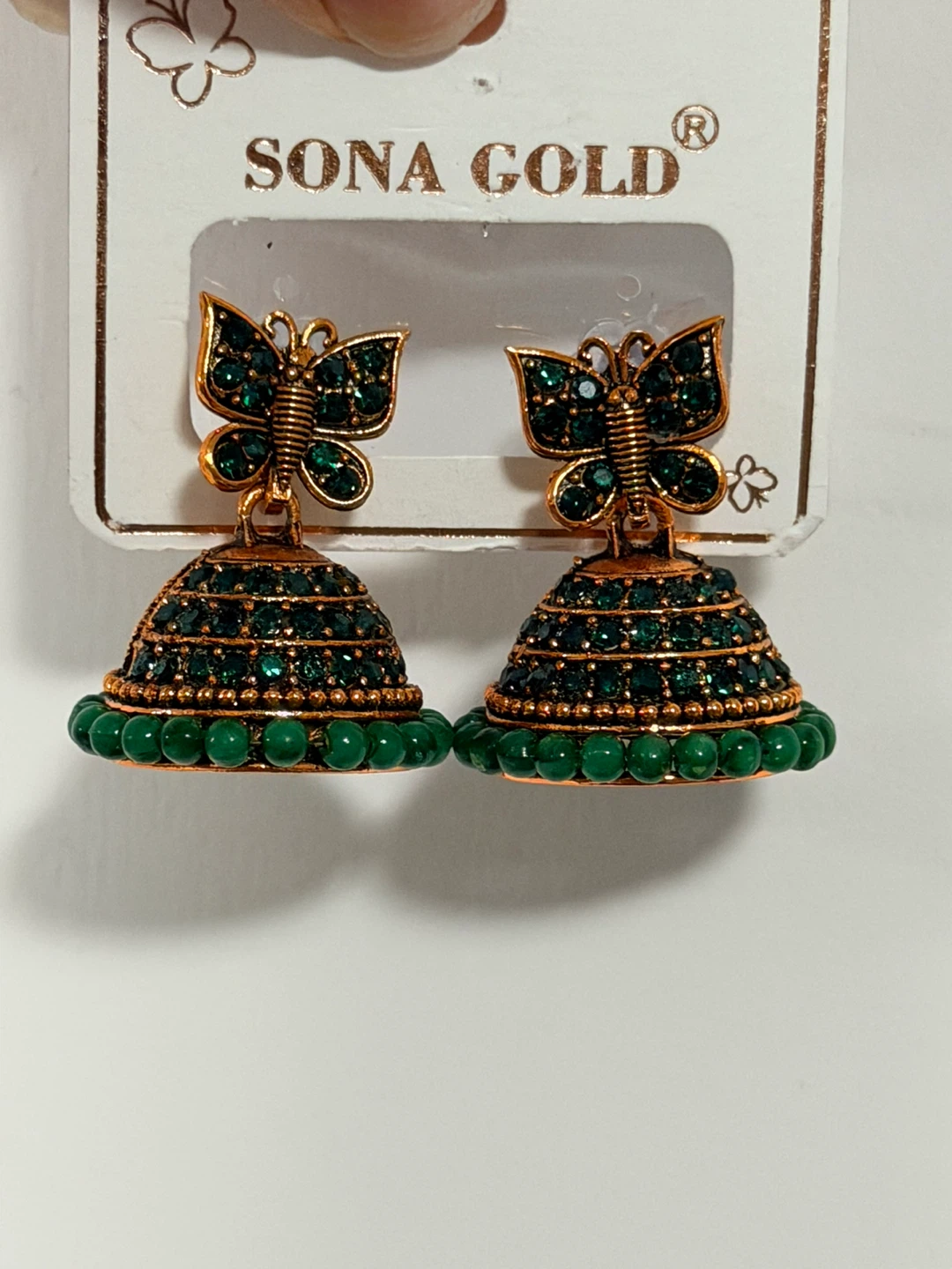 Sona Gold Butterfly Jhumka Earrings Green - photo 2