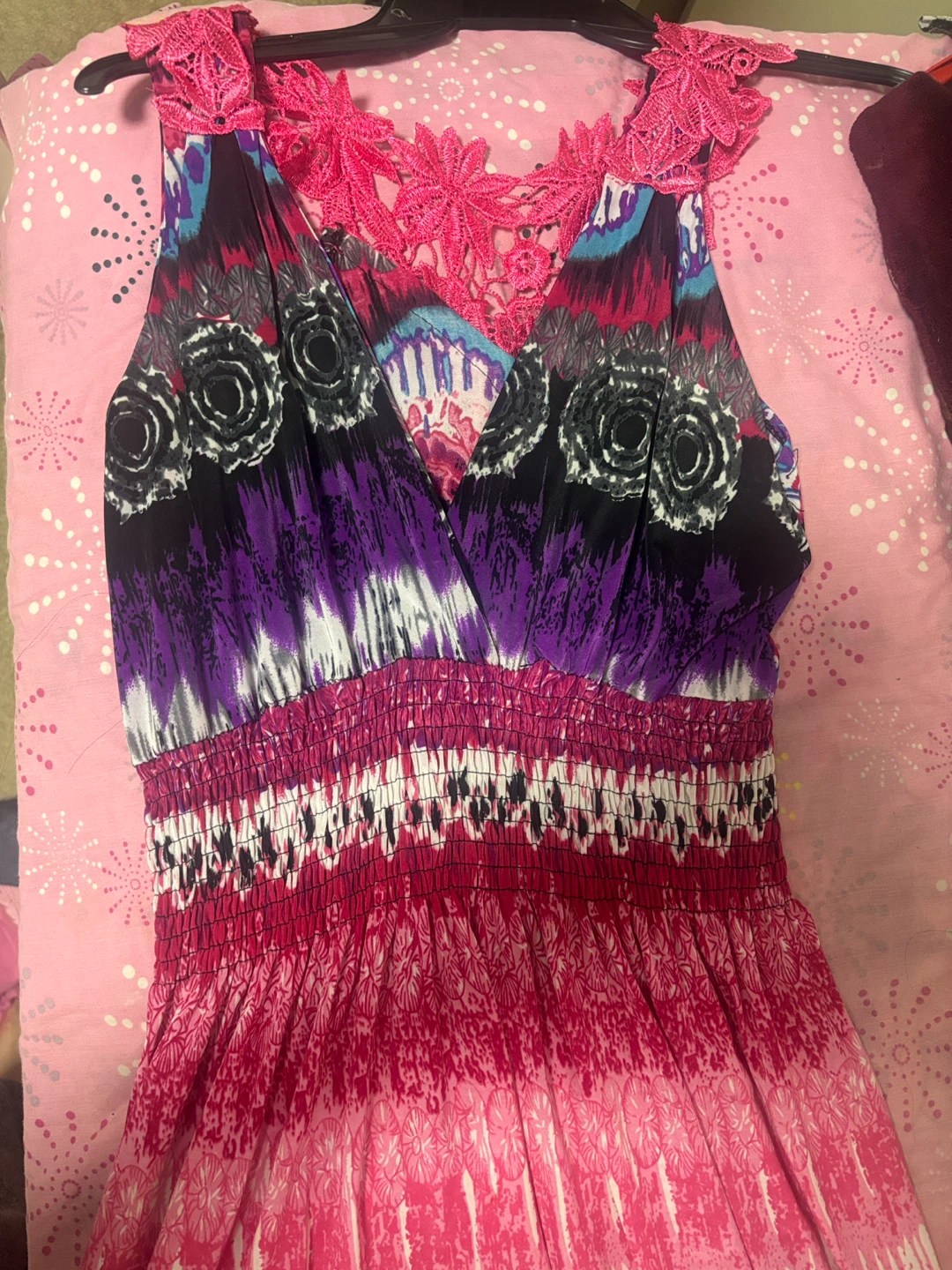 Boho Tie-Dye Maxi Dress with Pink Lace