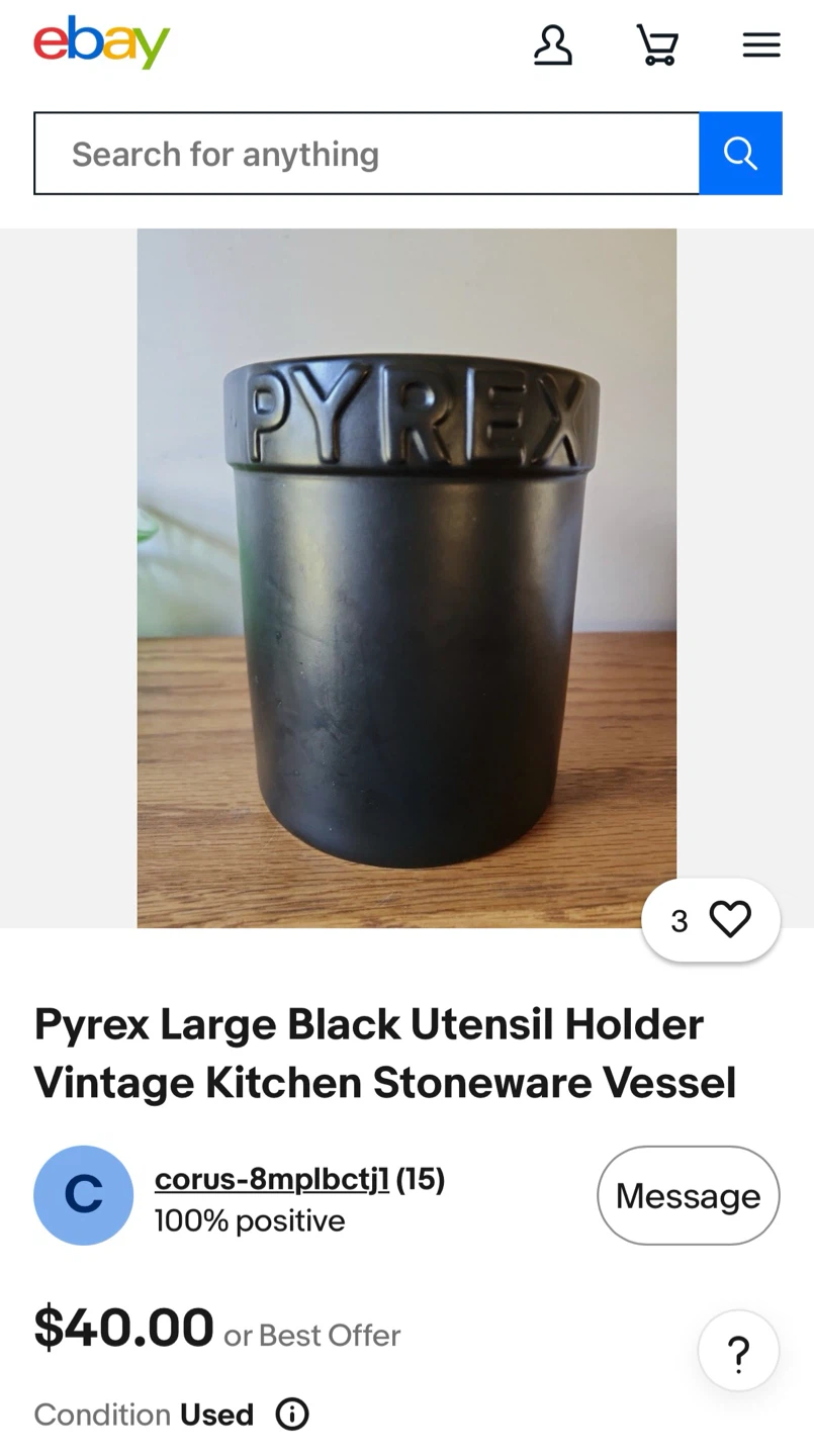 RARE Pyrex Matte Black Utensil Holder - photo 2