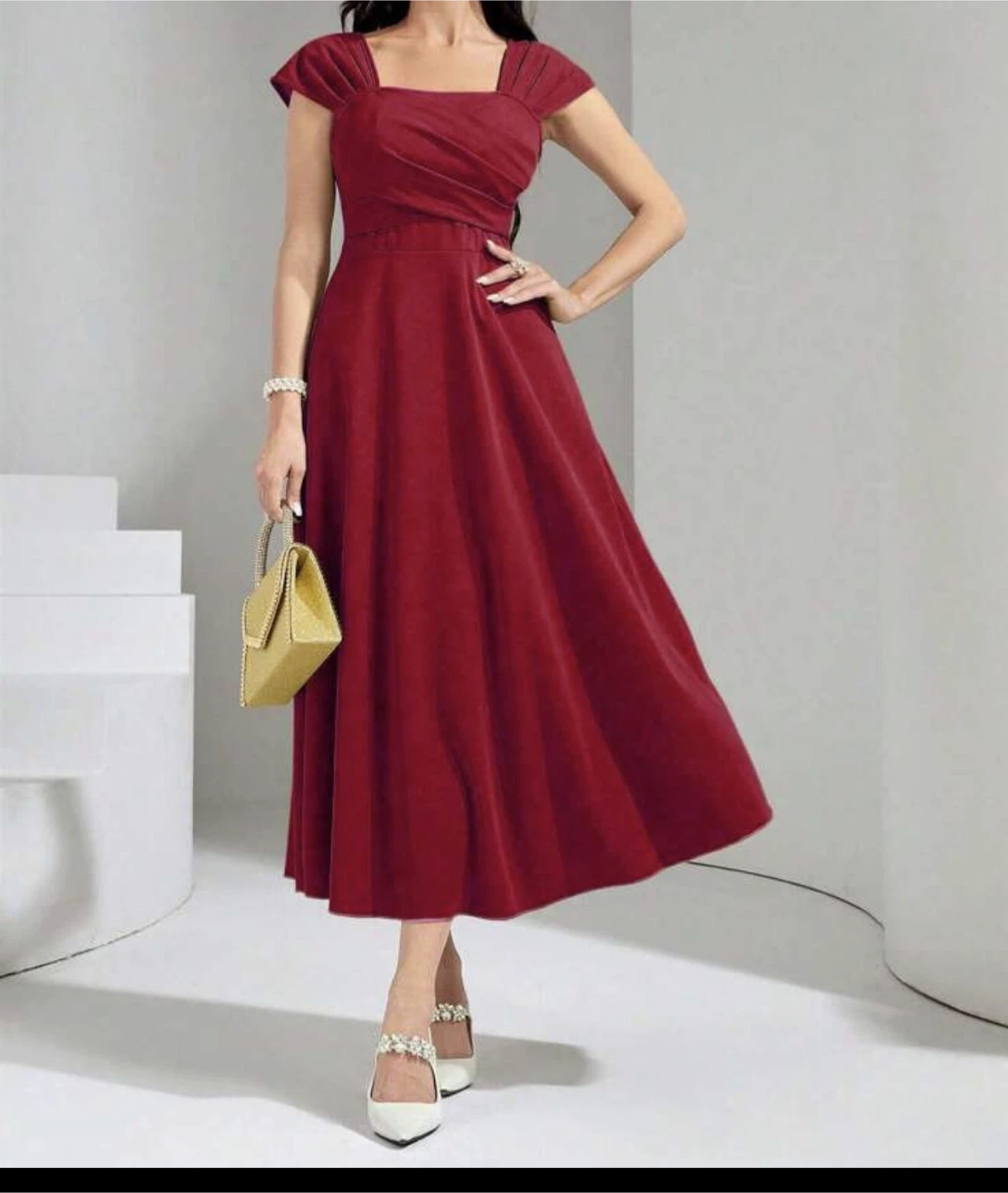 Red Cap Sleeve Midi Dress