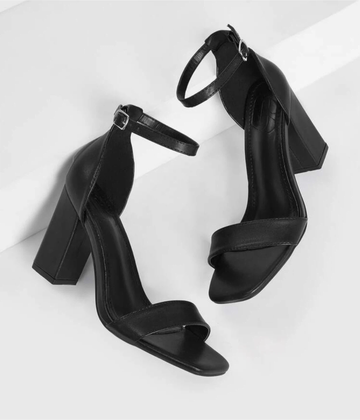Black block heel sandals with ankle strap