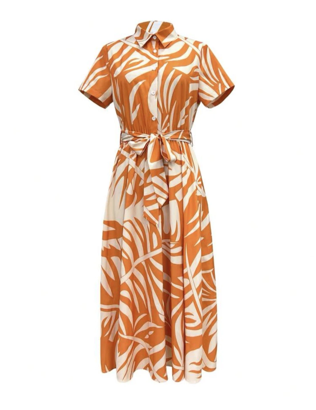 Orange and White Leaf Print Button-Up Midi Dress