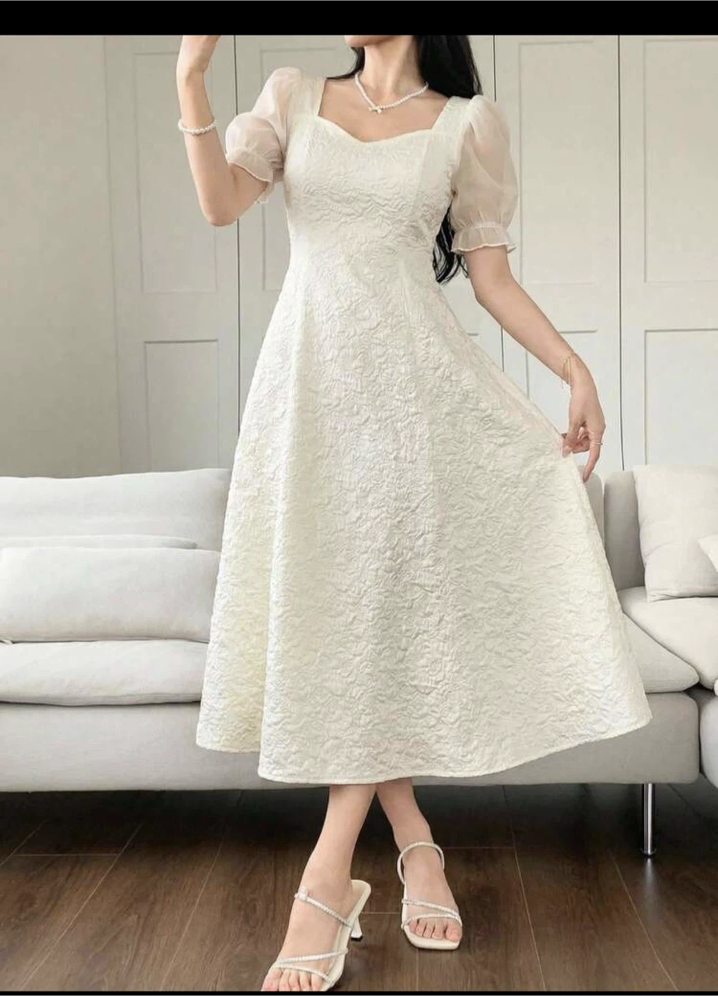 Cream Textured Puff Sleeve Midi Dress