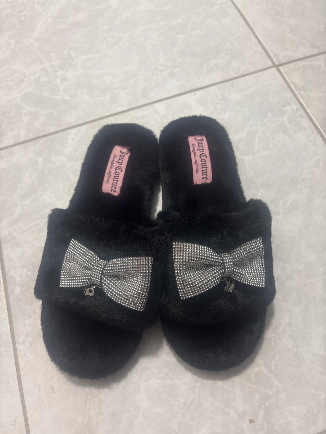 Juicy Couture Black Fuzzy Slippers with Rhinestone Bows