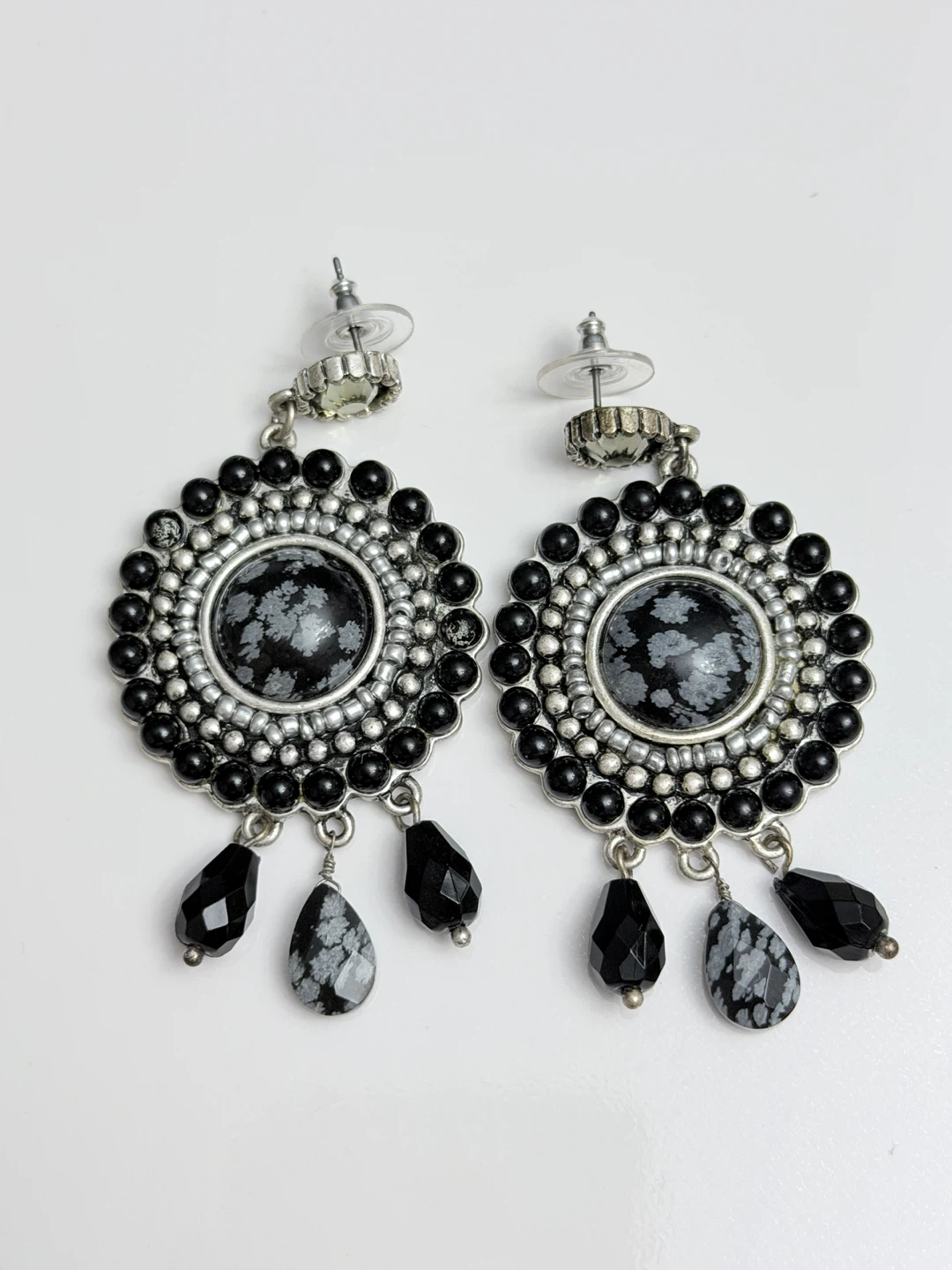 90’s Chico’s Snowflake Obsidian Medallion Earrings Vintage - photo 2
