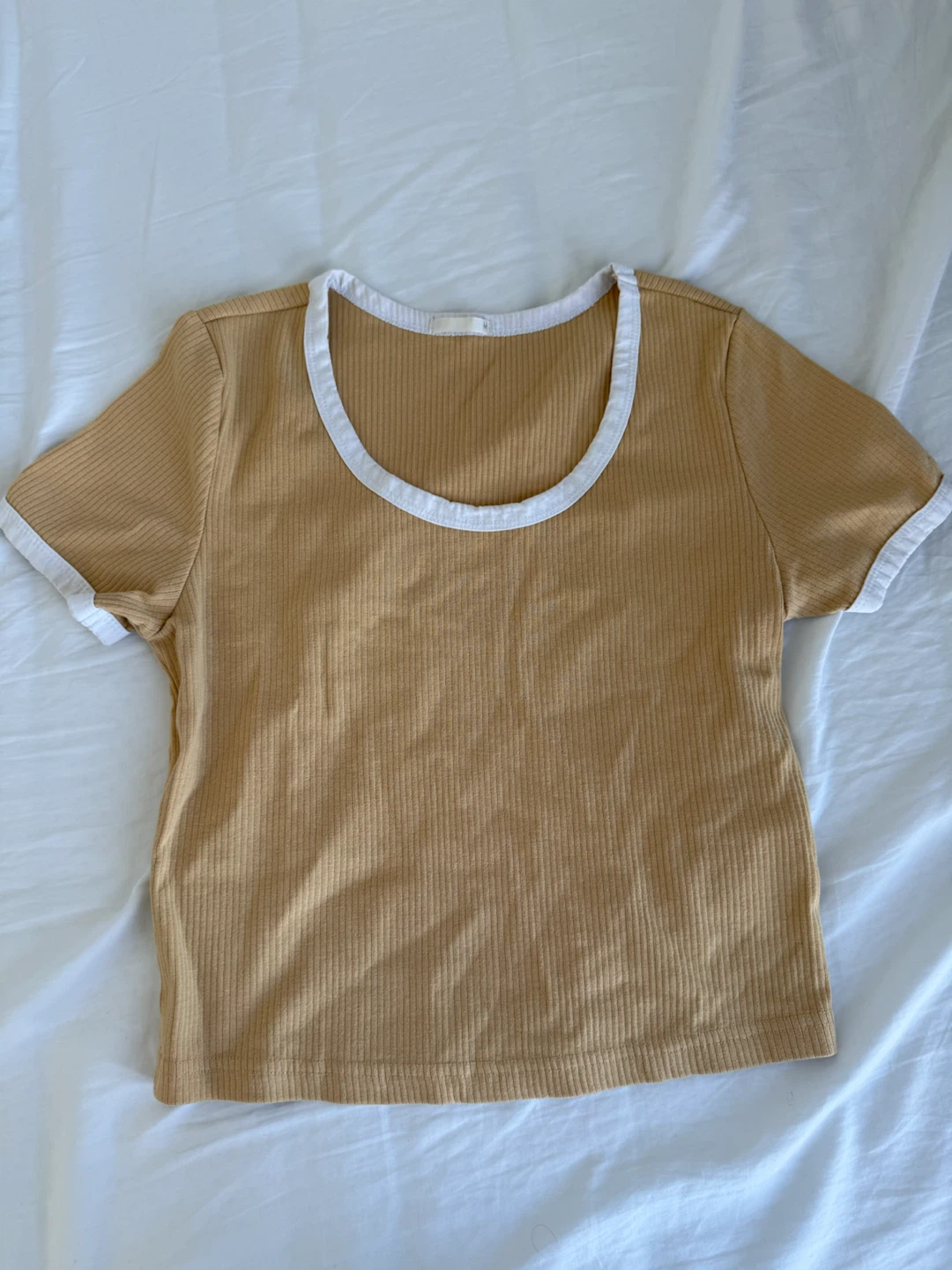 Yellow Ribbed T-Shirt with White Trim - Size M