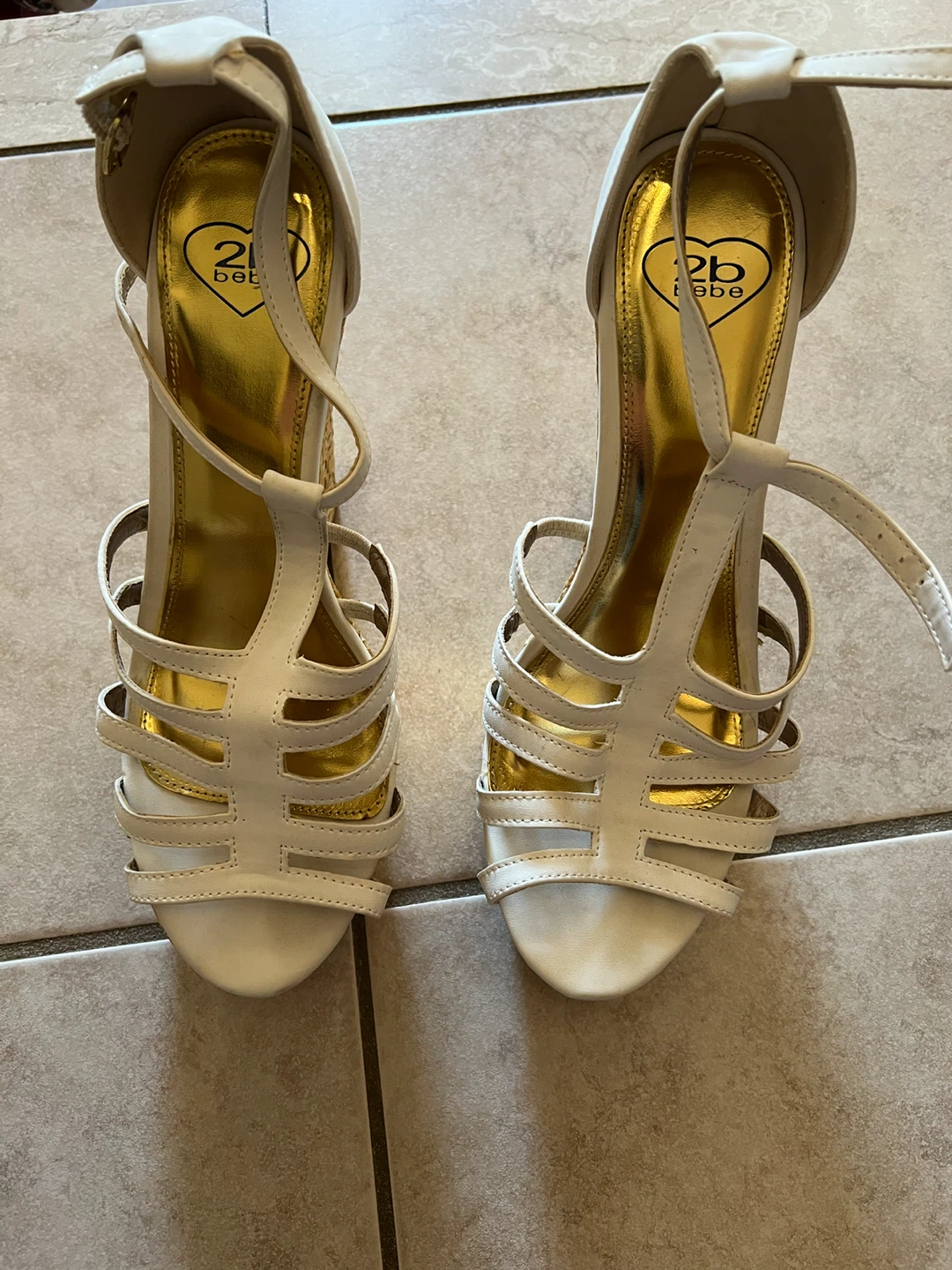 Bebe White & Gold Wedge Sandals