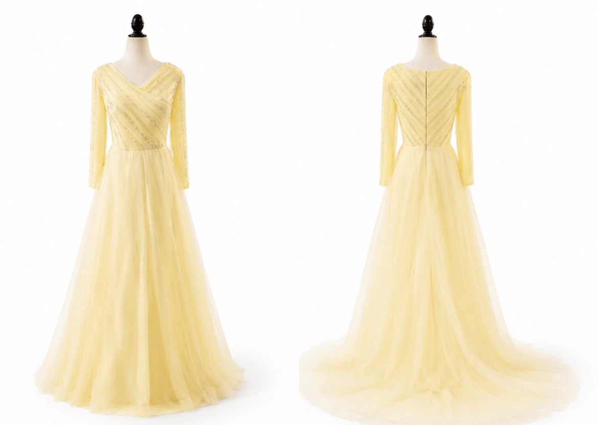 Yellow Beaded Long Sleeve Tulle Gown