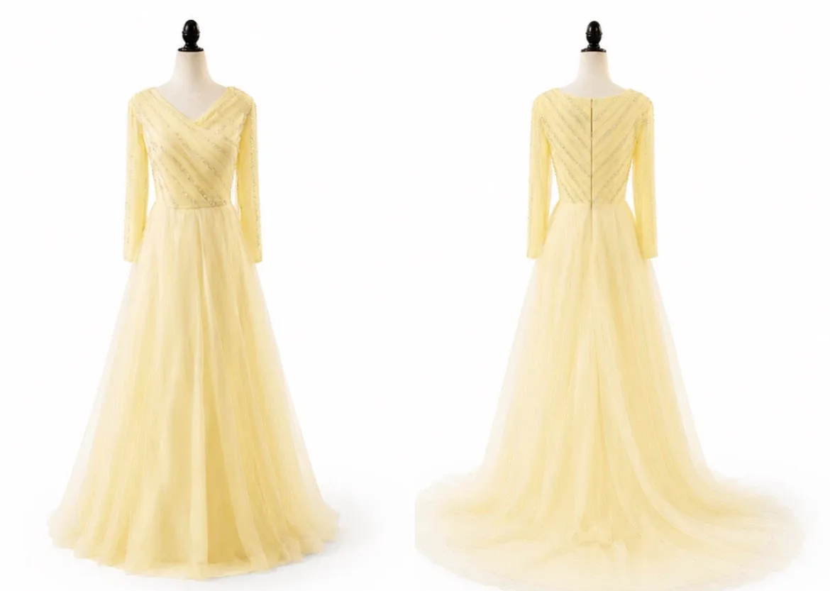 Yellow Beaded Long Sleeve Tulle Gown