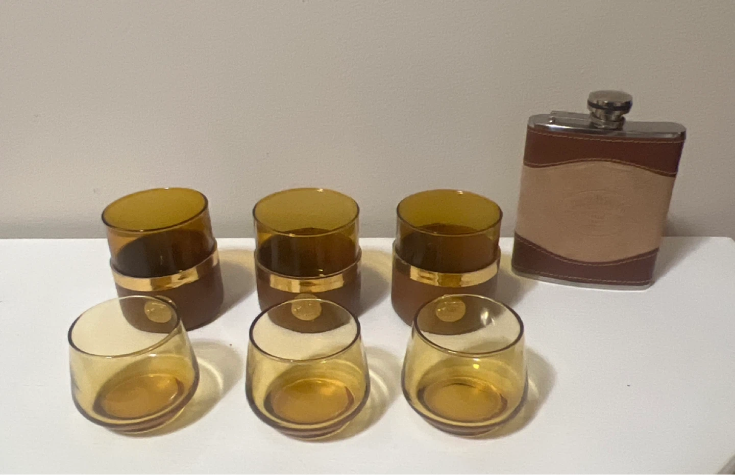 Vintage MCM Barware Lot – 6 Amber Glasses & Jack D Leather Flask