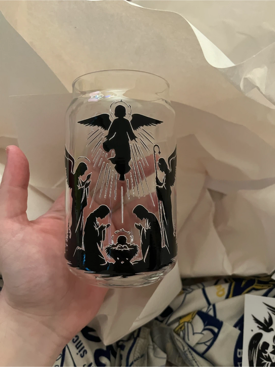 Glass Tumbler with Nativity Scene Design