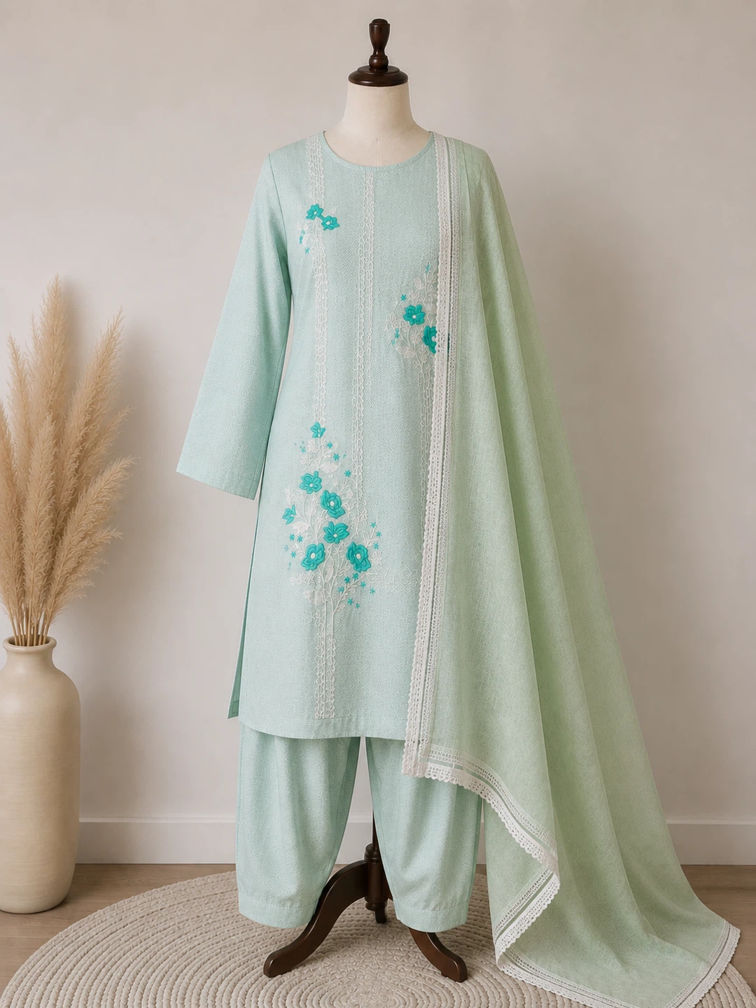 Mint Green Embroidered 3-Piece Suit