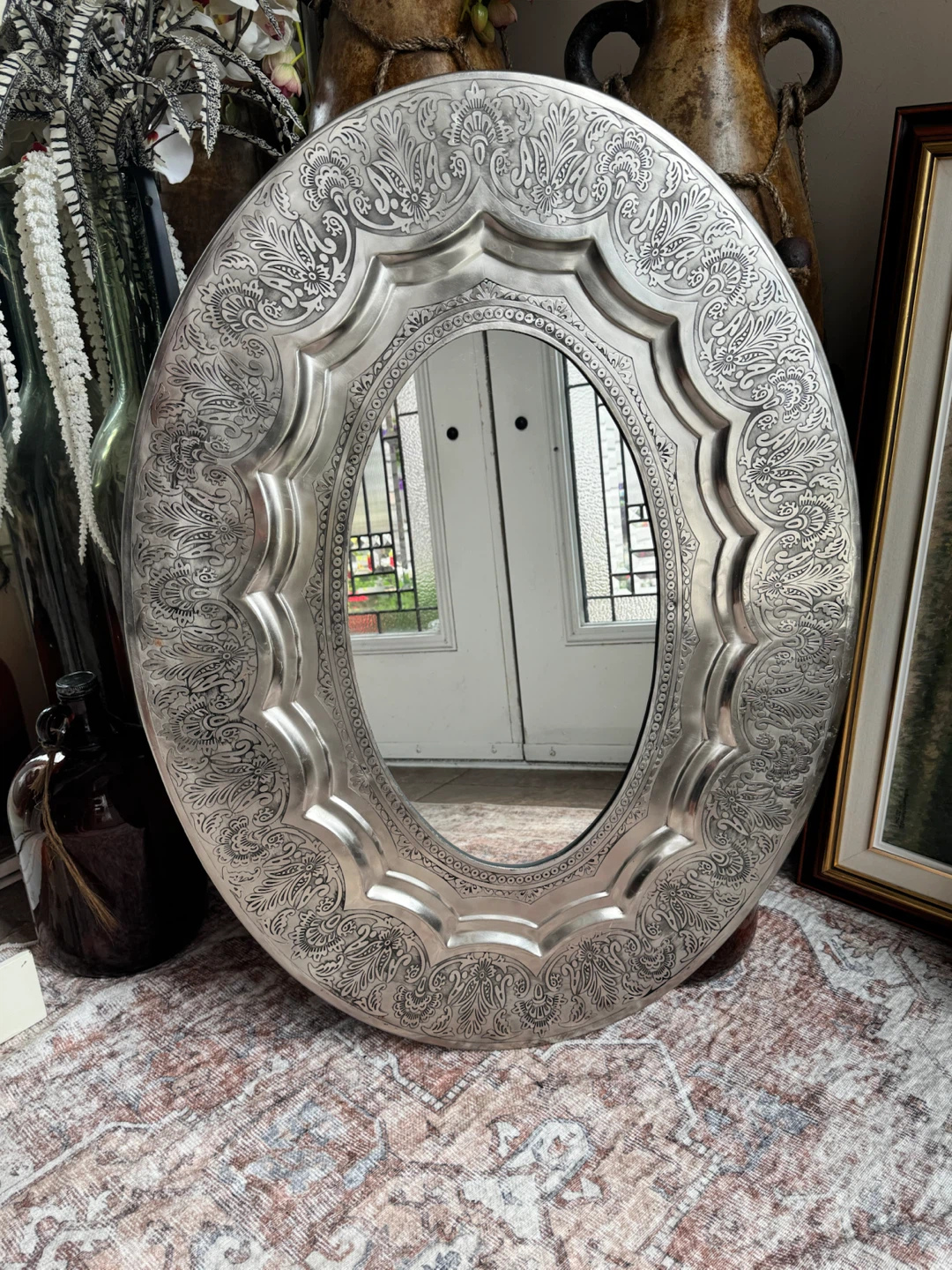 Oval Decorative Mirror with Ornate Silver-Tone Frame - photo 3