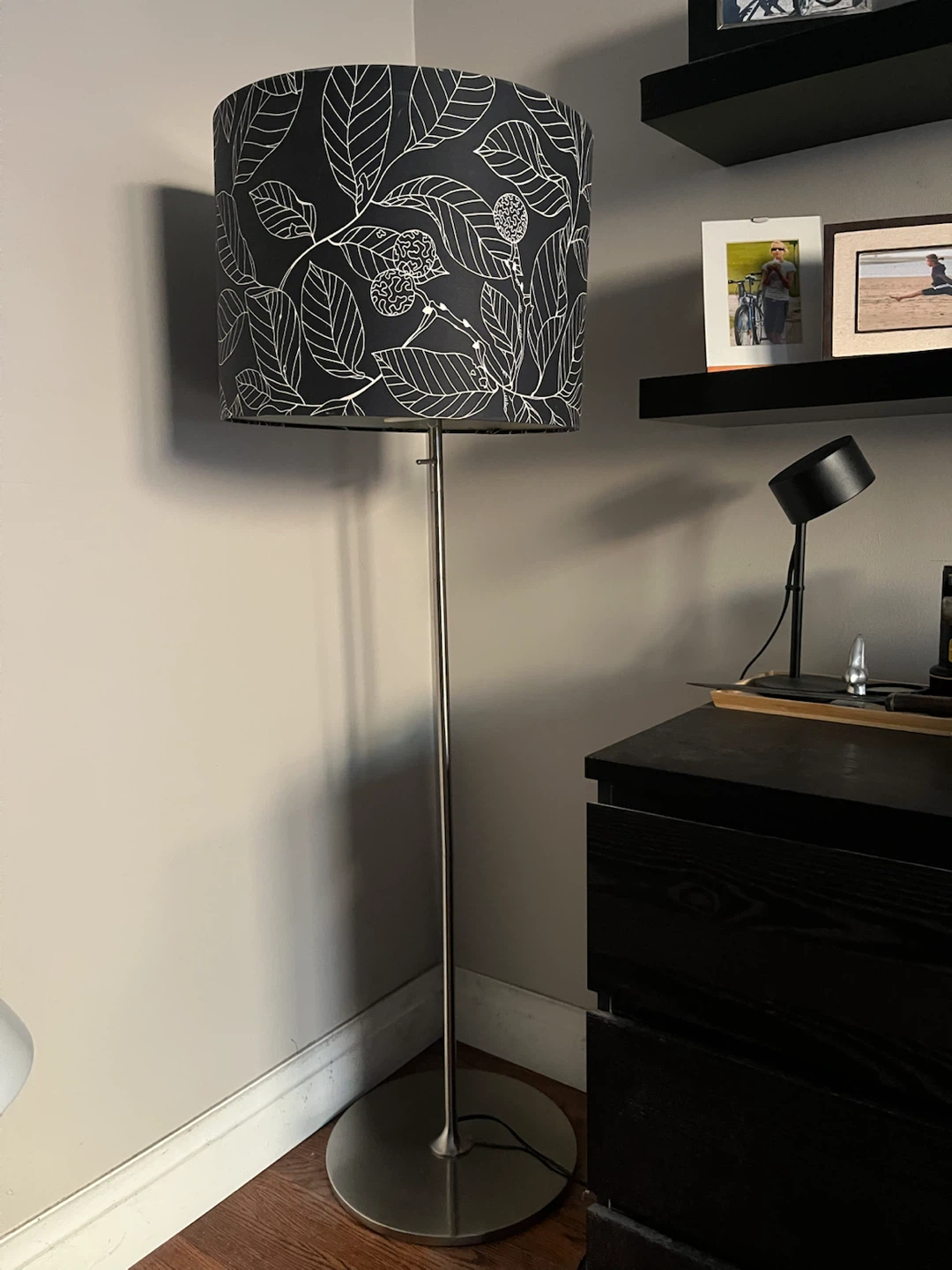 Floor Lamp with Black and White Leaf Pattern Shade