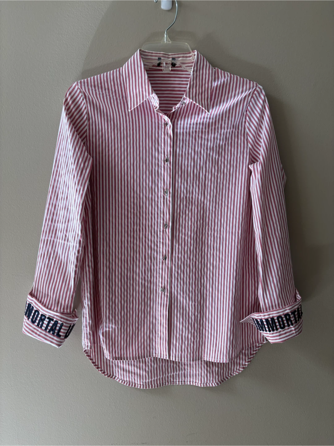 Free Pink and White Striped Button-Up Shirt
