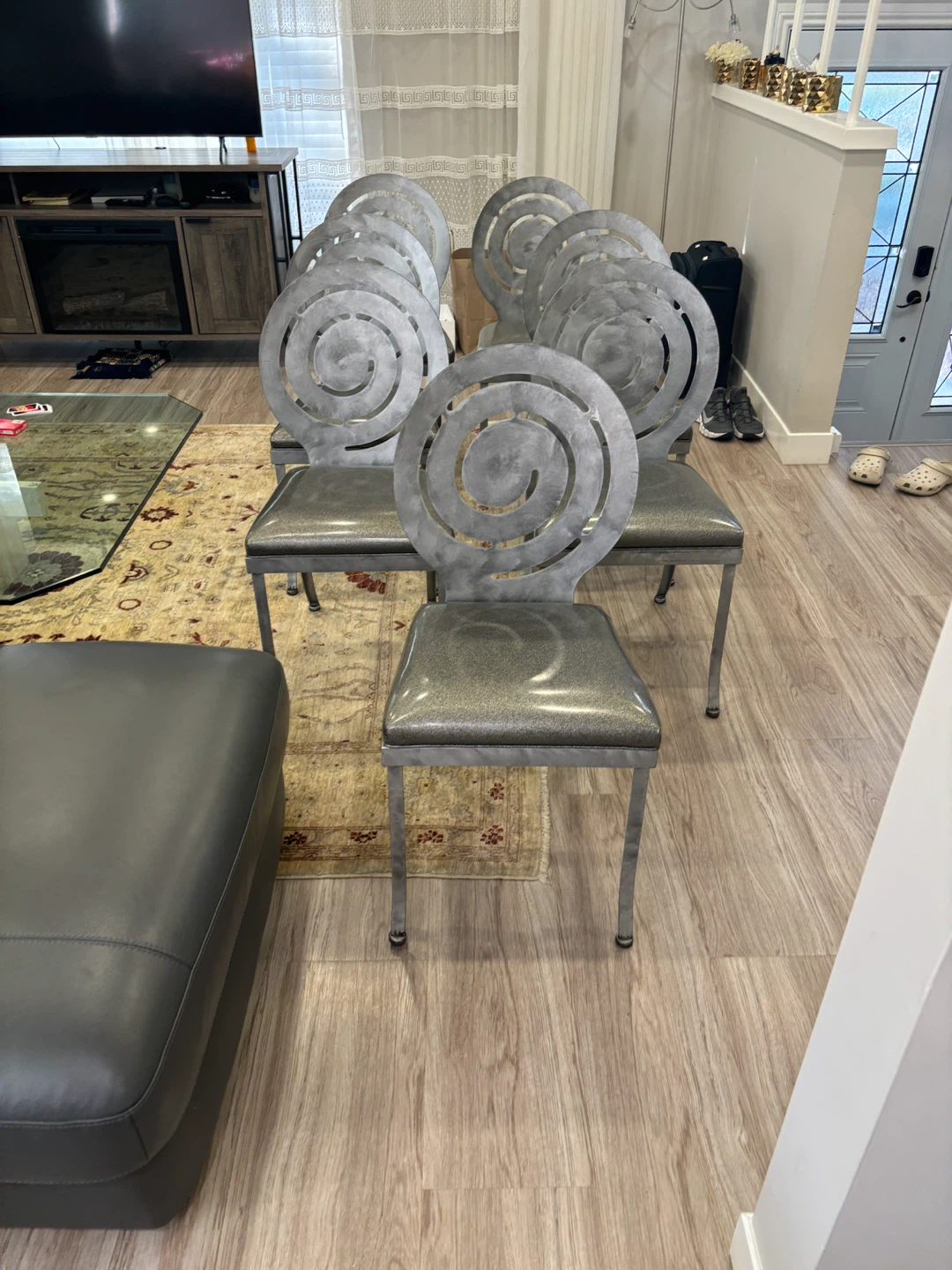 Set of 7 Metal Dining Chairs with Swirl Back Design